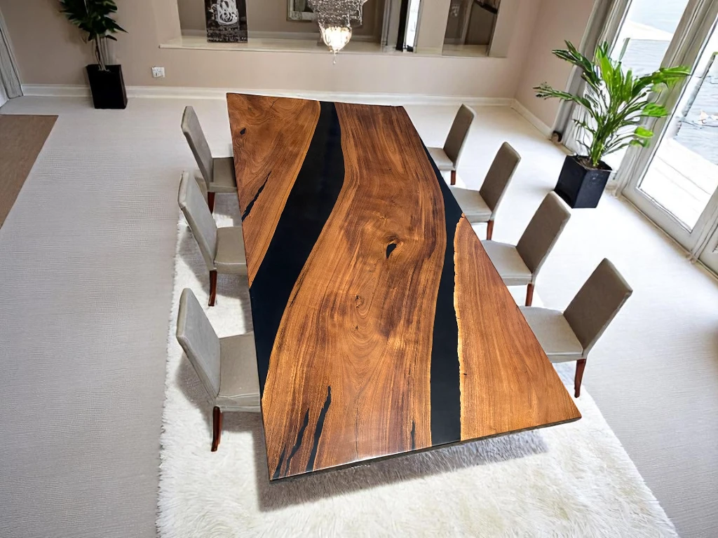 Handcrafted Large Wooden Coffee Table with Black Epoxy Resin